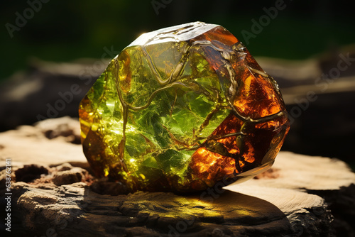 An ancient piece of amber encases a peridot, displayed on a rustic table, narrating tales from times long gone