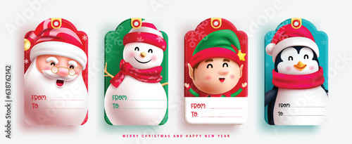Christmas characters tags vector set design. Christmas gift tag with santa claus, snowman, reindeer and penguin character for season dedication card. Vector illustration xmas seasonal gift tags.

