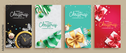 Merry christmas text vector set poster design. Christmas and happy new year greeting card with gifts box, clock and pine tree elements for holiday season lay out collection. Vector illustration xmas 