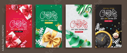 Christmas sale  vector set poster design. Christmas holiday sale with  special offer text for shopping discount card collection. Vector illustration xmas season promotion.
