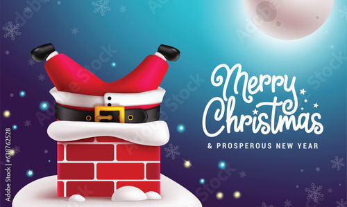Merry christmas text vector design. Christmas santa claus fat and funny character stock in roof top chimney concept. Vector illustration xmas winter night background.
