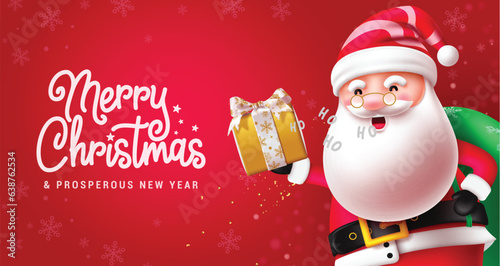 Merry christmas text vector design. Christmas santa claus fat and funny character holding gif sack and gift box decoration elements. Vector illustration greeting card design.
