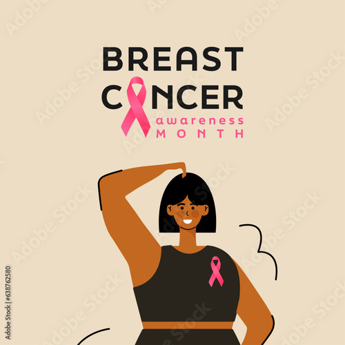 Breast cancer awareness month banner   happy woman with pink ribbon  vector illustration