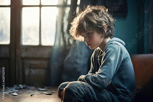 Sad little boy. Ai generative.