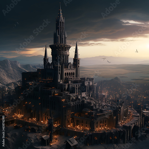 Extremely tall tower made of black stone in the middle of a huge, sprawling medieval city, 8k, cinematic quality © simo