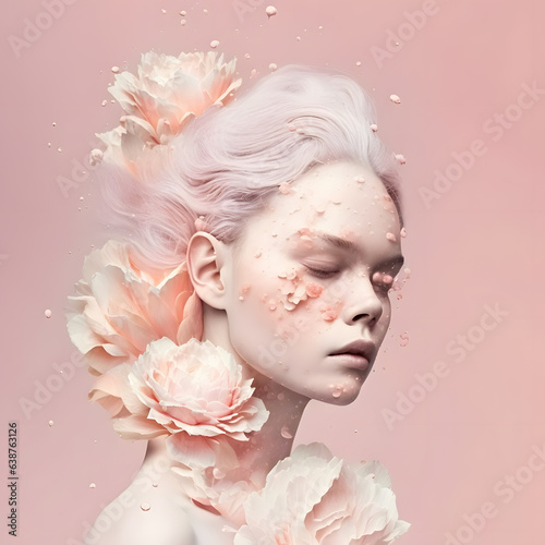 Wondrous minimalistic illustration portrait woman with peach color flowers and liquid melting from her face. © Ms_Tali