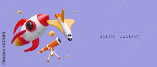 Space research. 3D rocket, shuttle, telescope on purple background. Illustration in cartoon style. Concept with text. Landing page header template. Advertising in social networks