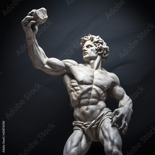 greek statue young muscular man, trying to reach something up with one hand.