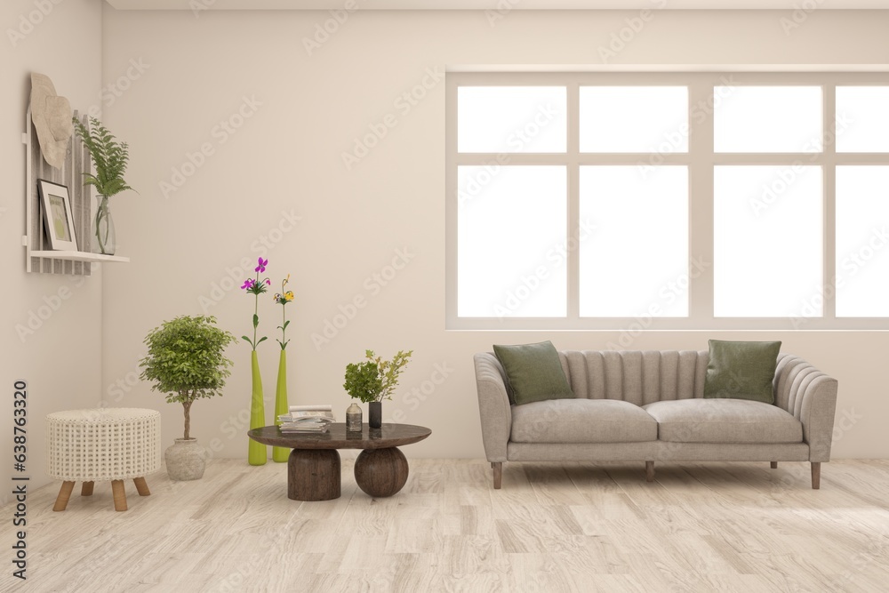 Naklejka premium White scandinavian interior design with sofa. 3D illustration