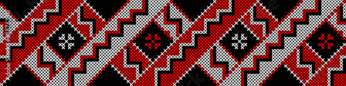 Vector illustration of Ukrainian ornament in ethnic geometric style, identity, vyshyvanka, embroidery for print clothes, websites, banners. Background, copy space, frame