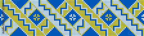 Vector illustration of Ukrainian ornament in ethnic geometric style, identity, vyshyvanka, embroidery for print clothes, websites, banners. Background, copy space, frame