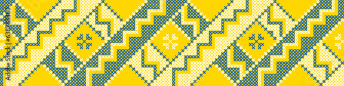 Vector illustration of Ukrainian ornament in ethnic geometric style, identity, vyshyvanka, embroidery for print clothes, websites, banners. Background, copy space, frame