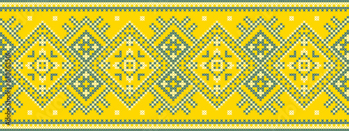 Vector illustration of Ukrainian ornament in ethnic geometric style, identity, vyshyvanka, embroidery for print clothes, websites, banners. Background, copy space, frame