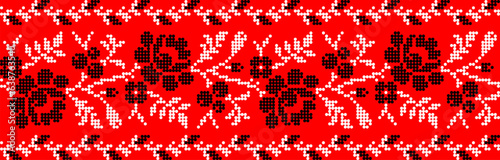 Vector illustration of Ukrainian ornament in ethnic geometric style, identity, vyshyvanka, embroidery for print clothes, websites, banners. Background, copy space, frame