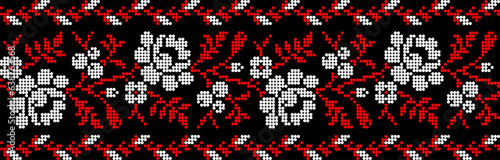 Vector illustration of Ukrainian ornament in ethnic geometric style, identity, vyshyvanka, embroidery for print clothes, websites, banners. Background, copy space, frame