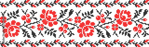 Vector illustration of Ukrainian ornament in ethnic geometric style, identity, vyshyvanka, embroidery for print clothes, websites, banners. Background, copy space, frame