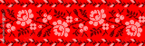 Vector illustration of Ukrainian ornament in ethnic geometric style, identity, vyshyvanka, embroidery for print clothes, websites, banners. Background, copy space, frame
