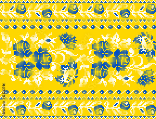 Vector illustration of Ukrainian ornament in ethnic geometric style, identity, vyshyvanka, embroidery for print clothes, websites, banners. Background, copy space, frame