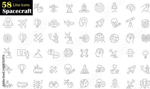 58 line icons of spacecraft with editable strokes. The icons depict various spacecraft, planets, satellites, telescopes, and other space related objects. perfect for space mission related project