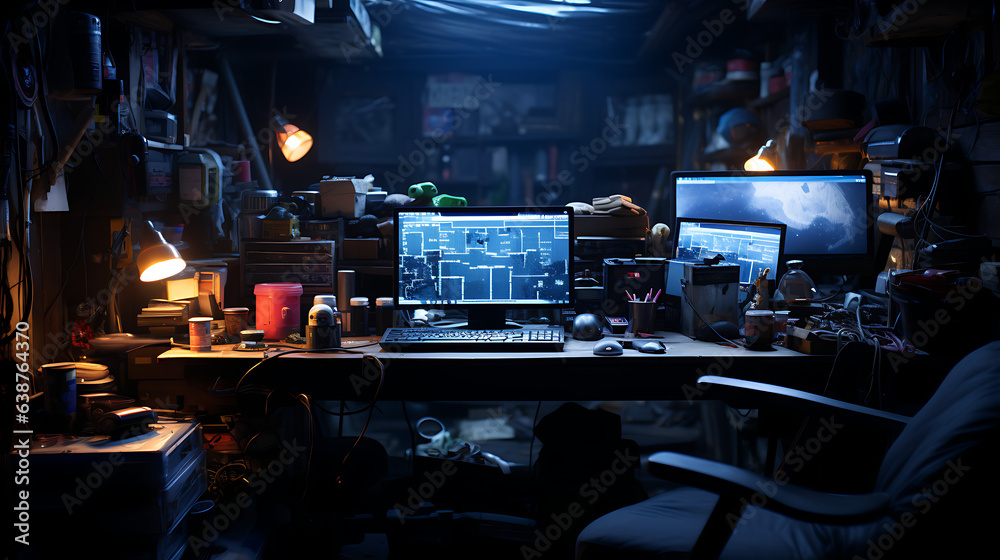 room with laptops, code, photorealistic, dark and blue