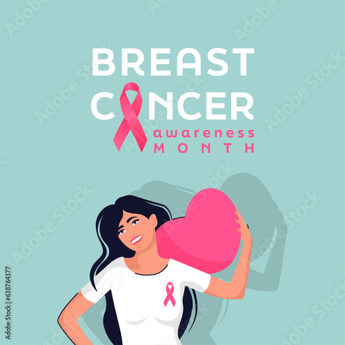 Breast cancer awareness month banner , happy woman with pink ribbon, vector illustration