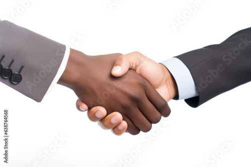 Two men shaking hands over white background with white background.