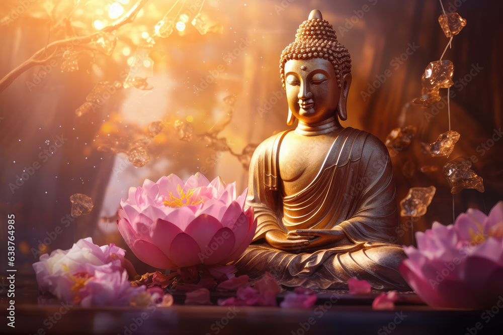 Buddha sitting on a lotus with glowing light, generative AI	
