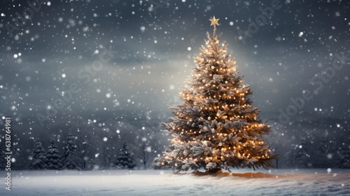 decorated Christmas tree with blurred snowfall background in winter time.  © ANEK