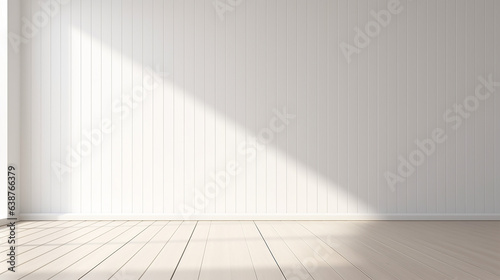 3D stimulate of white room interior and wood plank floor with sun light cast the shadow on the wall. Generative AI