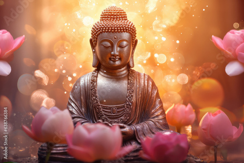 Buddha sitting on a lotus with glowing light  generative AI  