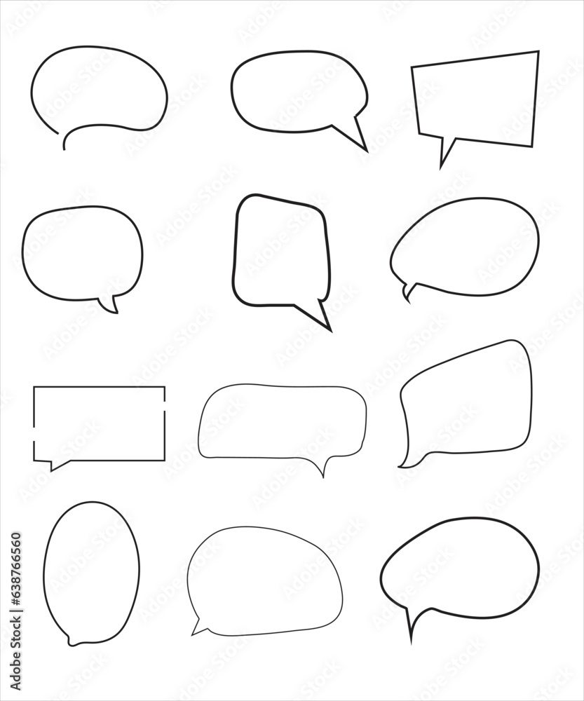 Obraz premium Vector Set of speech bubbles. Dialog box icon, message template. Doodle clouds for text, lettering. Different shape of empty balloons for talk on blue background. Flat vector illustration. 