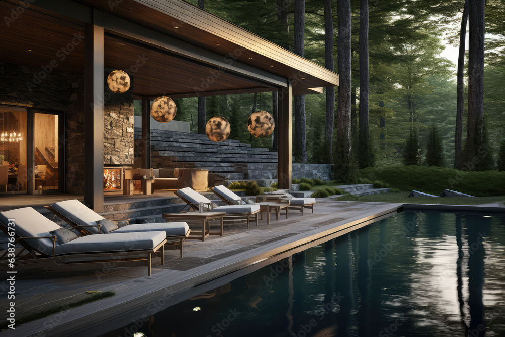 outdoor lounge in the woods with a swimming pool, generative AI