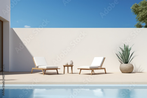 Luxurious beach house with sea view pool. Generative AI.. Generative AI. © Chari