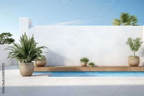 Luxurious beach house with sea view pool. Generative AI.. Generative AI. © Chari