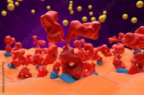 Autoantibodies bond to receptor (achr) blocking the acetylcholine transmitters in Myasthenia gravis (MG) - 3d illustration super closeup view