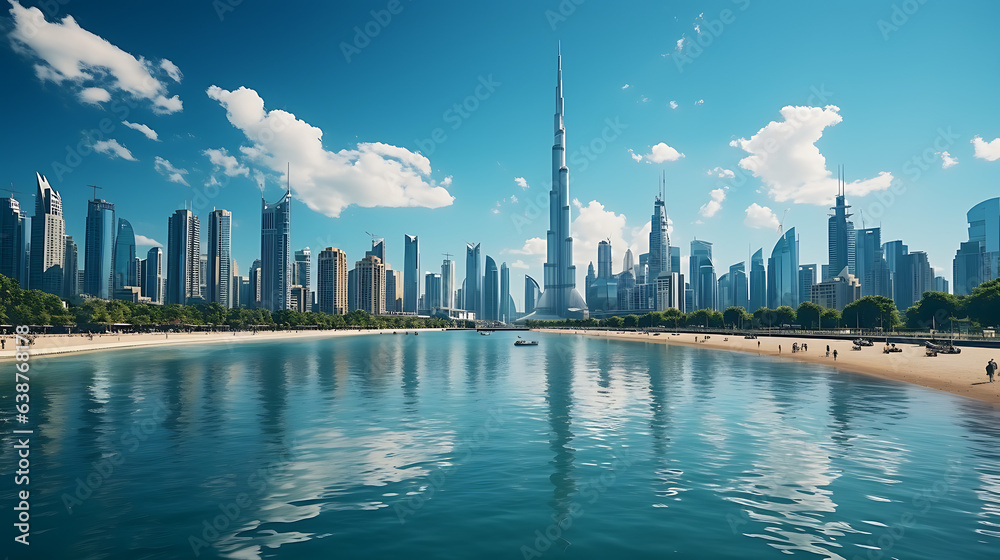Dubai city center skyline and famous Jumeirah beach in the morning, United Arab Emirates , UHD, 8k.
