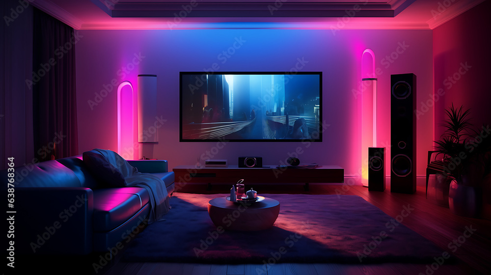  Home cinema, living room with colored LED lighting, photorealism