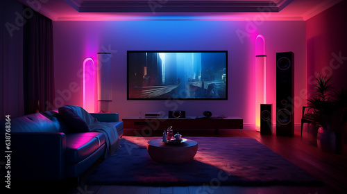  Home cinema, living room with colored LED lighting, photorealism © Simo