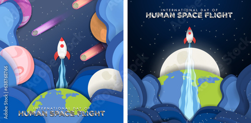 International Day of Space Human Flight Greeting Card Poster Set. Paper origami style. Rocket flying into outer space with solar system planets, meteors, comets, Earth, sun, moon. Vector Illustration.