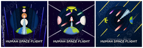 International Day of Space Human Flight Greeting Card Poster Set. Paper origami style. Rocket flying into outer space with solar system planets, meteors, comets, Earth, sun, moon. Vector Illustration.