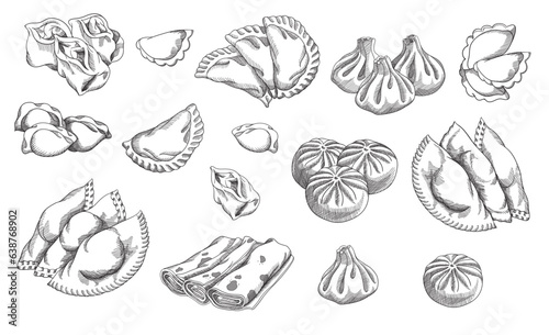 Vector illustration of different dumplings types and styles. Manty, meat dumpling, pelmeni, jiaozi, pyanse or pigodi, khinkali, ravioli, pancake, crepe, Pierogi or varenyky. Vintage hand drawn style. 