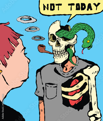 Skeleton man with his snake rejects the pretty girl colorful
