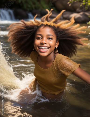 A young mixed-race girl playing in a stream