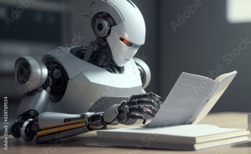 Illustration Robot reading a book, AI concept learns from human media generative AI