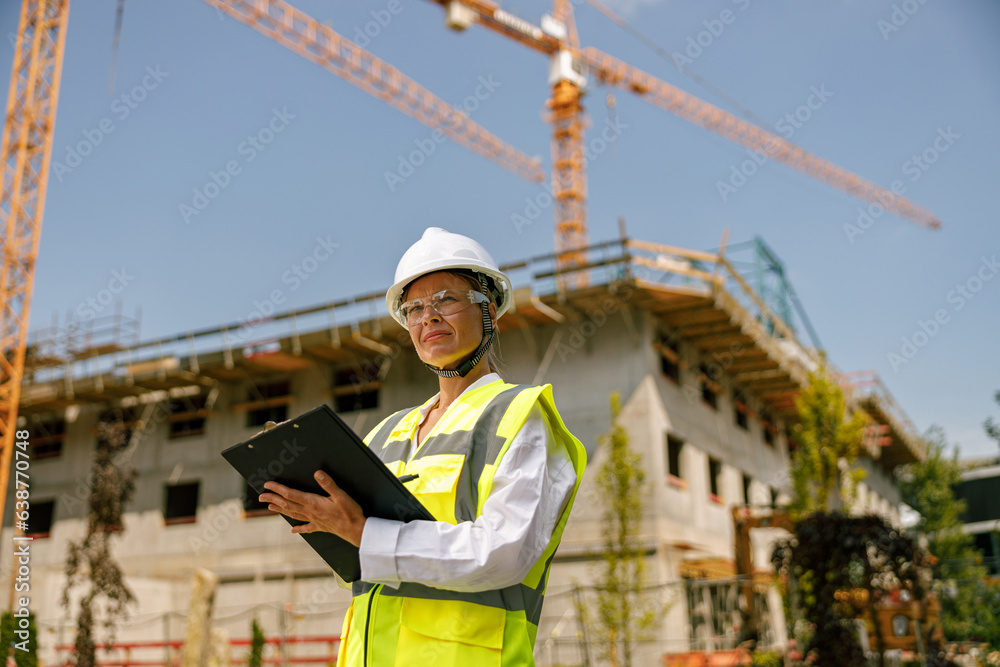 Smiling female construction worker in protective helmet standing against on construction background Smiling female construction worker in protective helmet standing against on construction background
