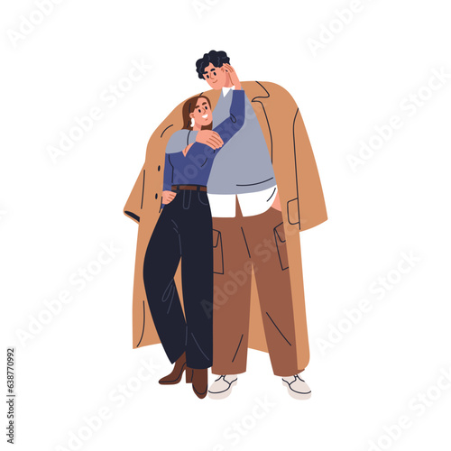 Love couple hugging. Happy tall man and short woman, beloved people of differ...