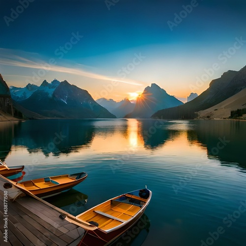 Two small wooden Fishing row boats on lake during a calm Sunrise