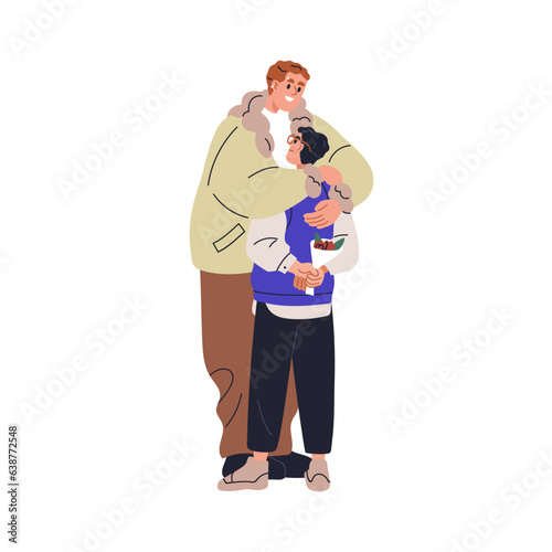 Happy gay men, love couple embracing. Homosexual people hugging. Tall and short guys with flower bouquet. LGBT romantic relationship. Flat graphic vector illustration isolated on white background