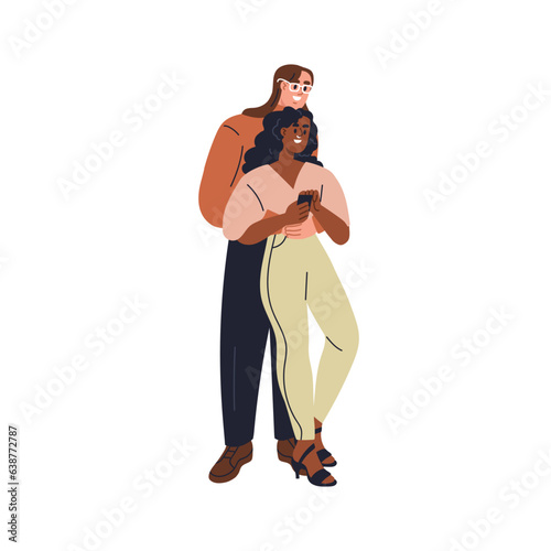 Happy love couple looking at mobile phone together. Young romantic man and woman hugging, watching smartphone. Enamored people valentines. Flat graphic vector illustration isolated on white background