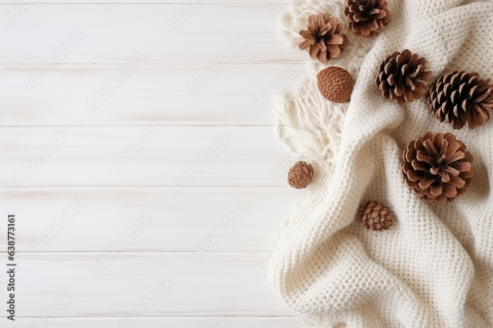 Cozy Christmas Composition with Gift, Knitted Blanket, Pine Cones, and Fir Branches on White Wooden Background Created with generative AI tools Cozy Christmas Composition with Gift, Knitted Blanket, Pine Cones, and Fir Branches on White Wooden Background Created with generative AI tools